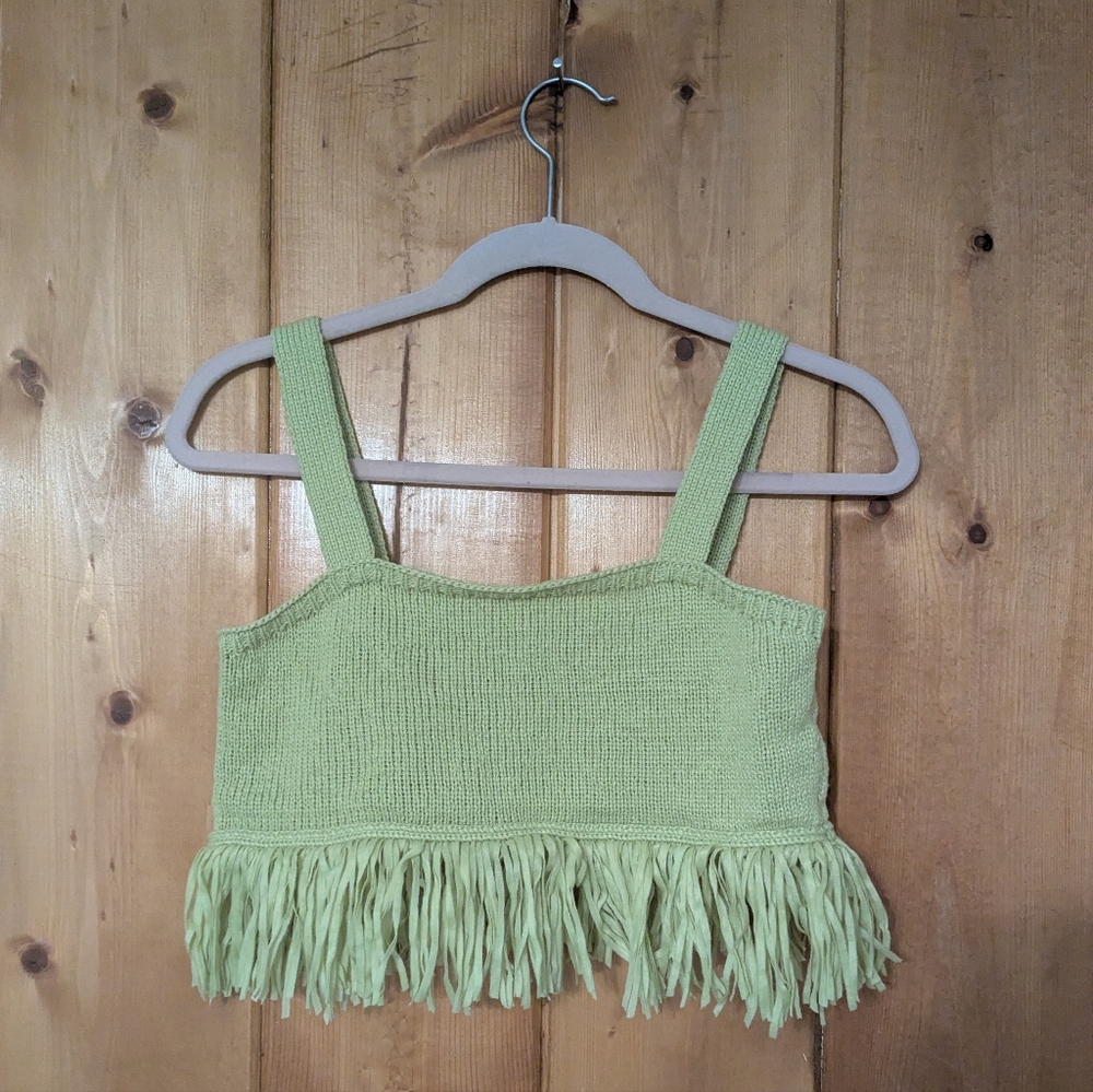 Saylor NYC Cropped Fringe Crochet Top S Chartreuse Y2K Boho Chic Festival Core